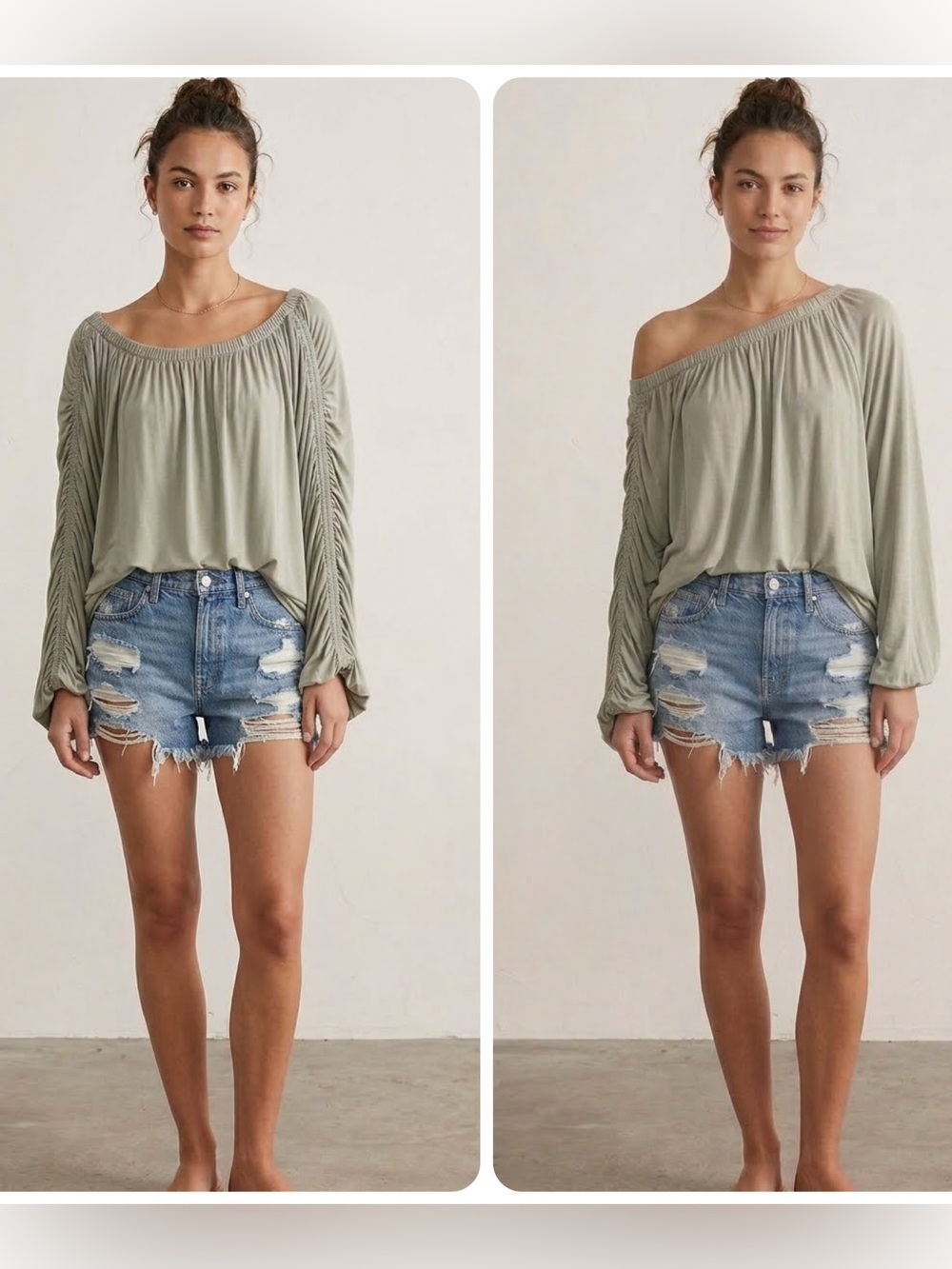 Free People Serenade Tee Sage Green Ruched Sleeve Convertible Top Small